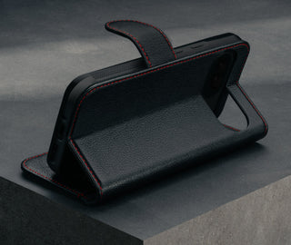 Stand function of the Black with Red Detail Leather Wallet Case for Google Pixel 9