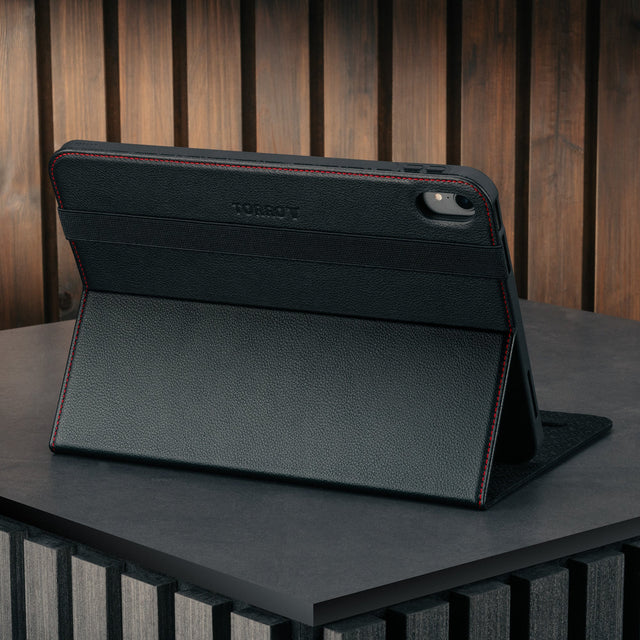 Integrated stand function of the Black with Red Stitching Leather iPad Case for Apple iPad (10th Gen)