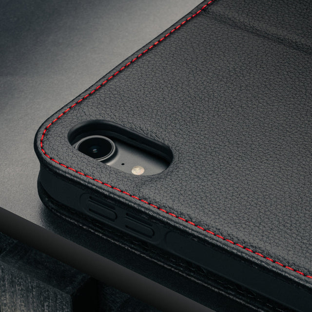 Slim profile of the Black with Red Stitching Leather iPad Case for Apple iPad (10th Gen)