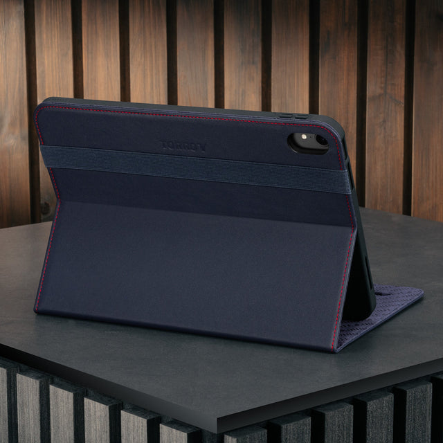 Integrated stand function of the Navy Blue Leather Case for Apple iPad (10th Generation)