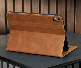 Integrated stand function of the Tan Leather Case for Apple iPad (10th Generation)