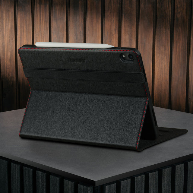 Stand function of the Black Leather (with Red Stitching) Case for iPad Air