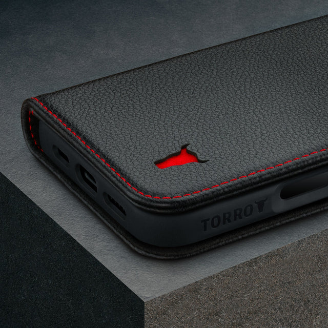 Black Leather with Red Detail Leather Case for iPhone 16 Pro Max