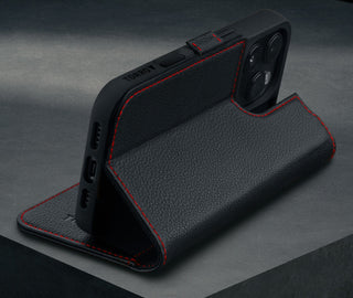 Stand function of the Black Leather with Red Detail Leather Case for iPhone 16 Pro
