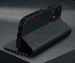Stand function of the Black with Red Detail Leather Case for iPhone 16