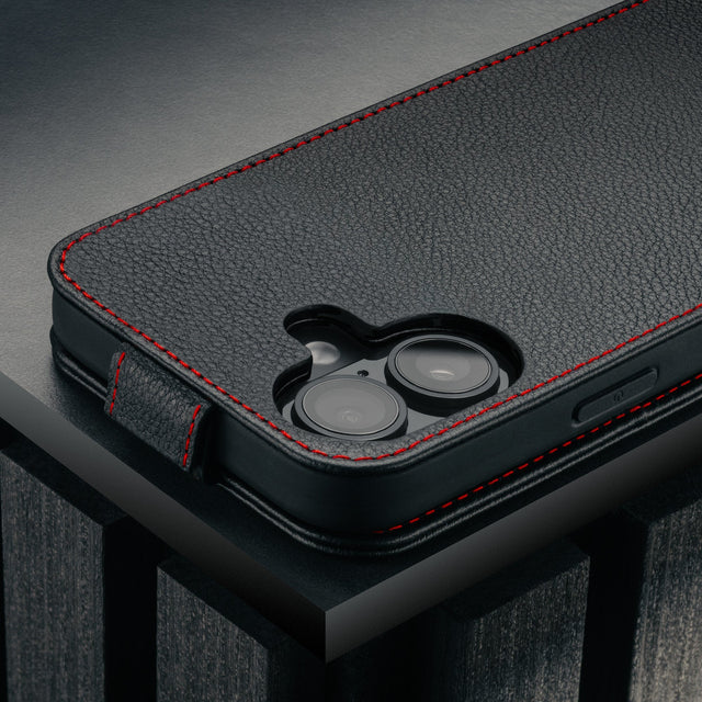 Camera cutout on the Black with Red Stitching Leather Flip Case for iPhone 17