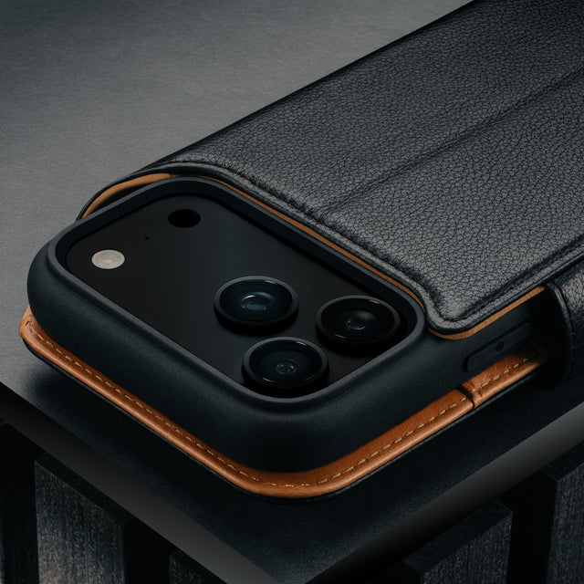 Camera cutout on the Black Leather Detachable Case for iPhone 17 Pro