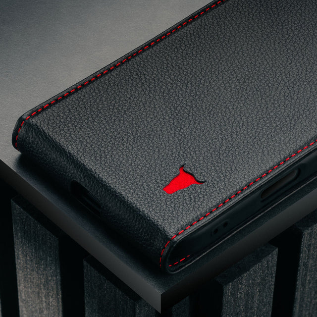 Black with Red Stitching Leather Flip Case for iPhone 17 Pro