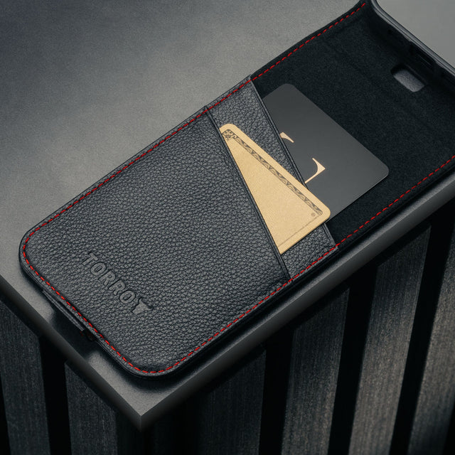 Card holder inside the Black with Red Stitching Leather Flip Case for iPhone 17 Pro Max