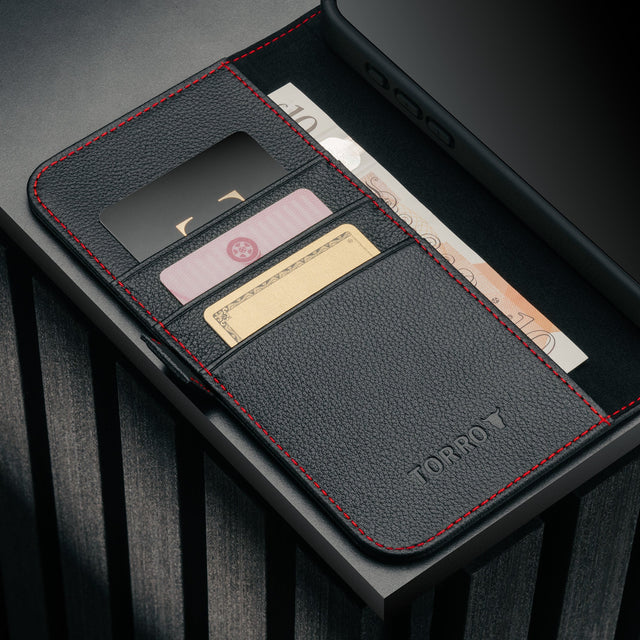 Card holder inside the Black Leather Case (with Red Stitching) for iPhone 17 Pro