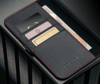 Card holder inside the Black Leather Case (with Red Stitching) for iPhone 17 Pro