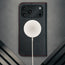 MagSafe charger attached to the Black Leather Case (with Red Stitching) for iPhone 17 Pro
