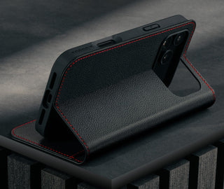 Stand function of the Black Leather Case (with Red Stitching) for iPhone 17 Pro