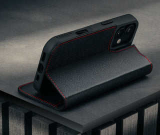 Stand function of the Black (with Red Detail) Leather Case for iPhone 17