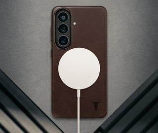 Wireless charger attached to the Dark Brown Leather Bumper Case for Galaxy S26