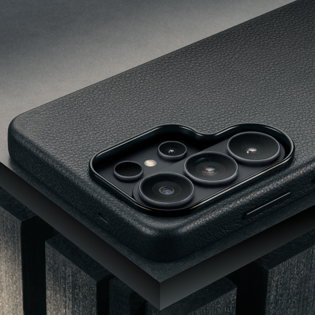 Camera cutout on the Black Leather Bumper Case for Galaxy S26 Ultra