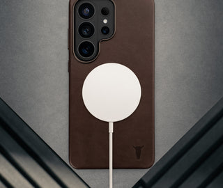 Wireless charger attached to the Dark Brown Leather Bumper Case for Galaxy S26 Ultra