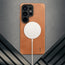 Wireless charger attached to. theTan Leather Bumper Case for Galaxy S26 Ultra