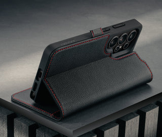 Stand feature of the Black with Red Detail Leather Stand Case for Galaxy S26 Ultra