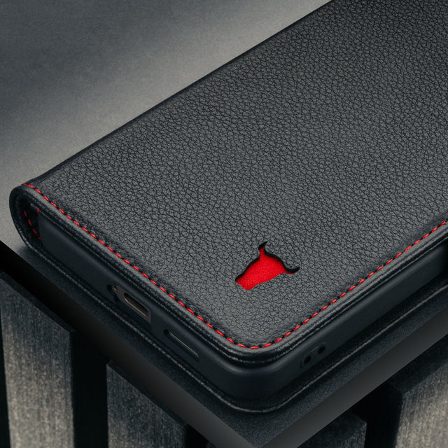 Black with Red Detail Leather Stand Case for Galaxy S26+