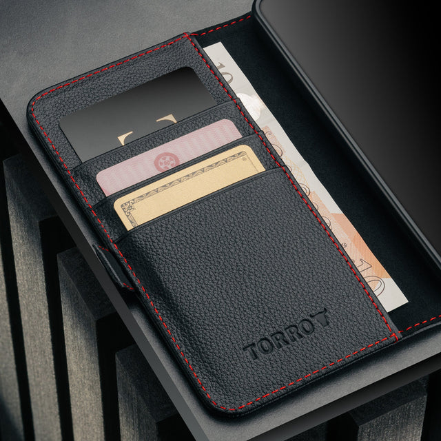 Card slots inside the Black with Red Detail Leather Stand Case for Galaxy S26+