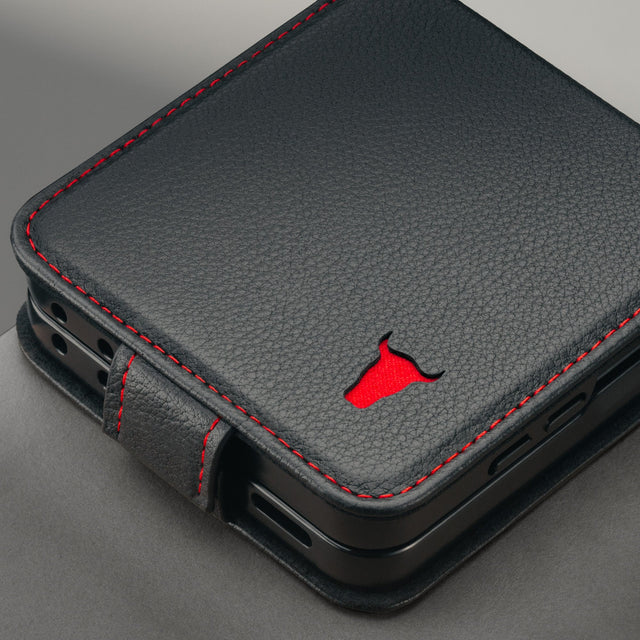 Close up of the Black with Red Stitching Leather Case for Galaxy Z Flip8